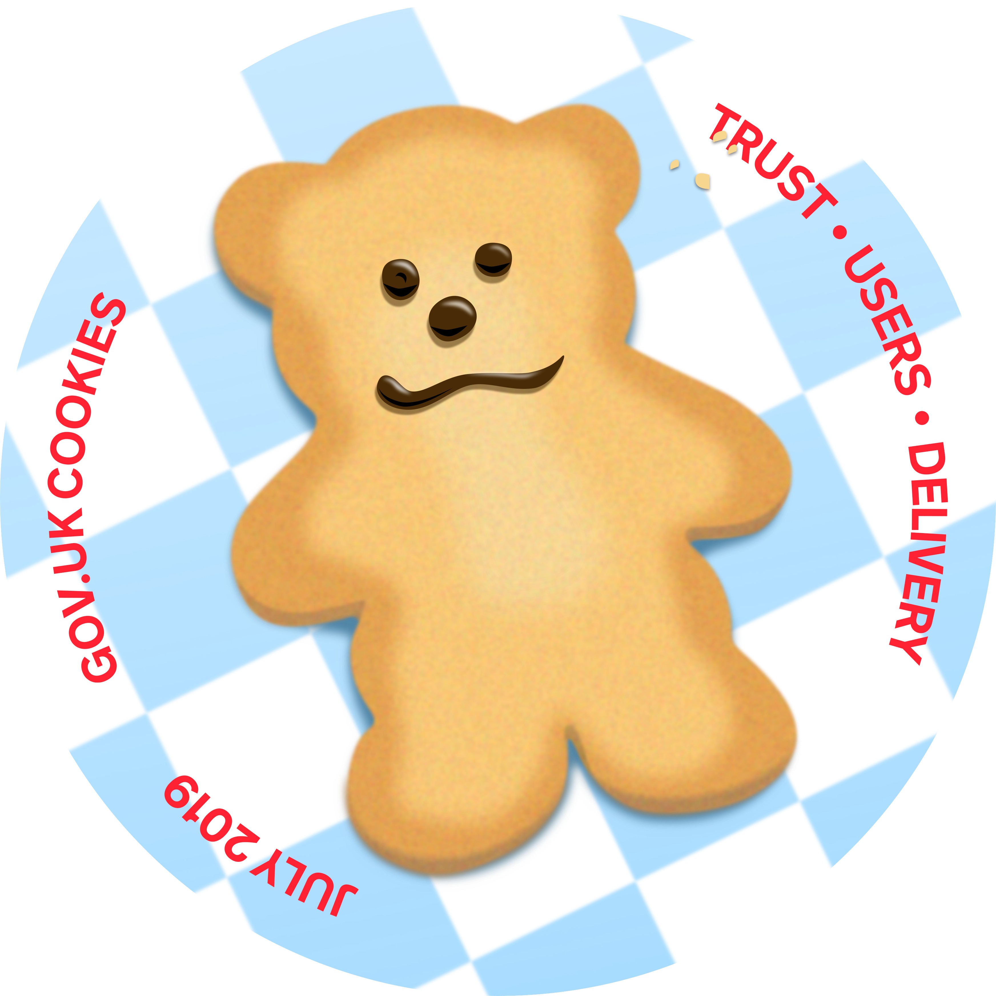 GOV.UK Cookies July 2019 - a teddy bear cookie with chocolate icing face on a checked blue and white tablecloth